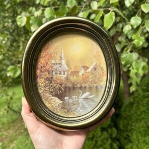Vintage HOMCO Swan Lake Art Plastic Gold Toned Framed Cottagecore Decor Picture